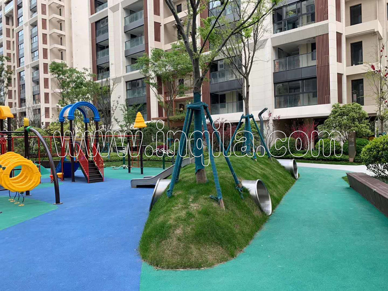 上海闵行海上铭著小区无动力不锈钢滑梯钻洞攀爬组合整体场地定做案例